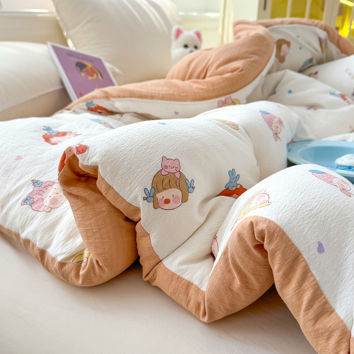 91家纺网 家纺一手货源 找家纺 桔禾家纺 2026新款云感有氧双层纱冬被抗菌被春秋被被子被芯 A类水洗双层皱皱纱冬被-小萝莉