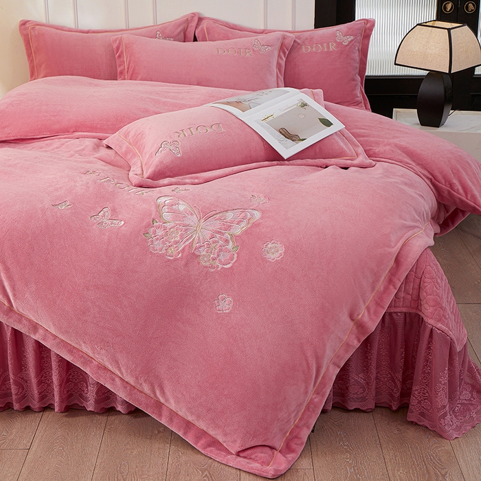 程百万家纺 2025新款铂金绒夹棉刺绣床裙套件 豆沙