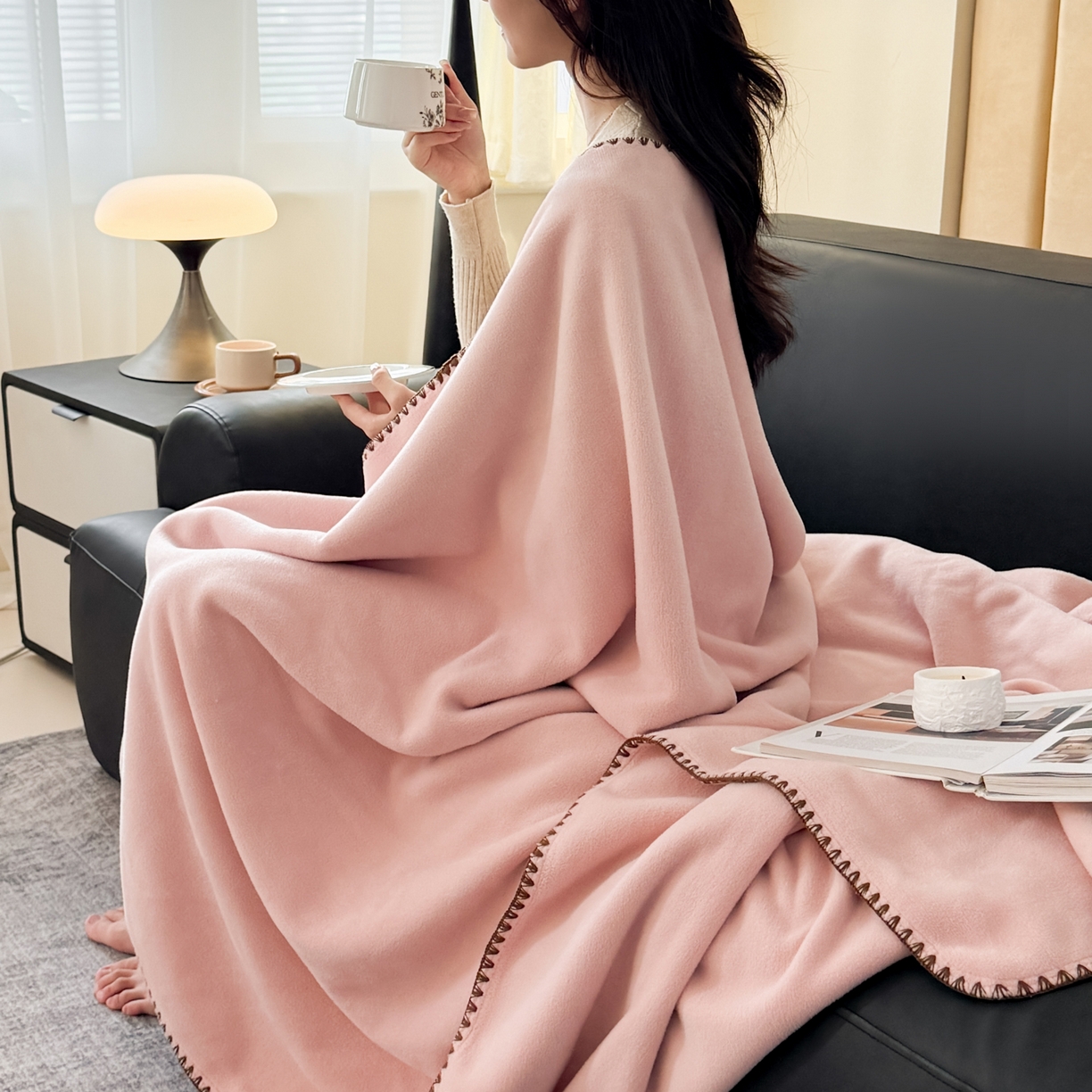 91家纺网 家纺一手货源 找家纺 金喜 2025新款双面仿羊绒多功能毯毛毯盖毯 浅粉