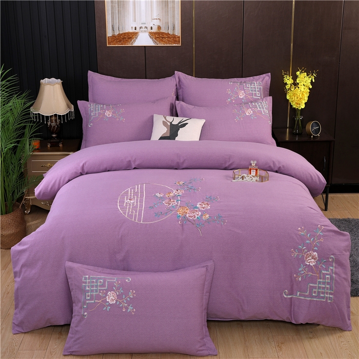 91家纺网 家纺一手货源 找家纺 浩情国际婚庆供货中心 2026新款秋冬60S高端全棉刺绣磨毛系列 花开满庭-紫豆沙