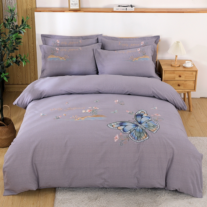 浩情国际婚庆供货中心 2026新款秋冬60S高端全棉刺绣磨毛系列 翩翩蝶影-高级灰