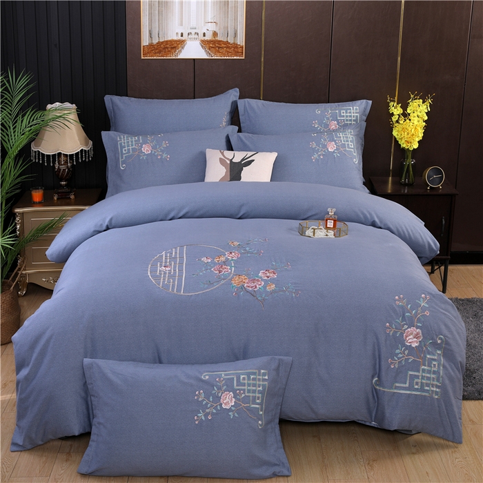 浩情国际婚庆供货中心 2026新款秋冬60S高端全棉刺绣磨毛系列 花开满庭-银灰