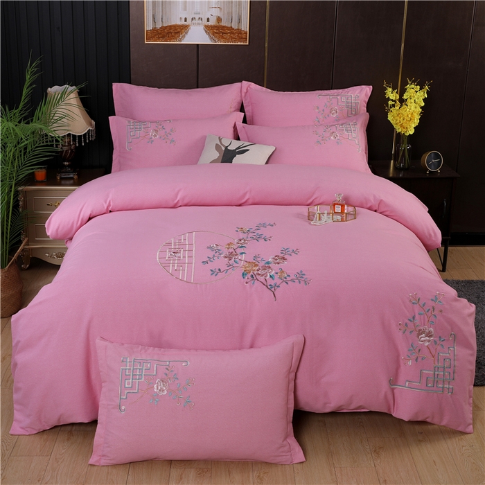 浩情国际婚庆供货中心 2026新款秋冬60S高端全棉刺绣磨毛系列 花开满庭-樱花粉