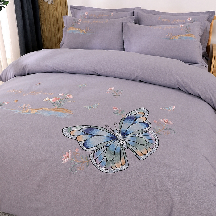 91家纺网 家纺一手货源 找家纺 浩情国际婚庆供货中心 2026新款秋冬60S高端全棉刺绣磨毛系列 翩翩蝶影-高级灰