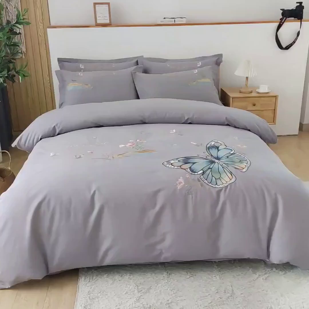 91家纺网 家纺一手货源 找家纺 浩情国际婚庆供货中心 2026新款秋冬60S高端全棉刺绣磨毛系列 翩翩蝶影-高级灰