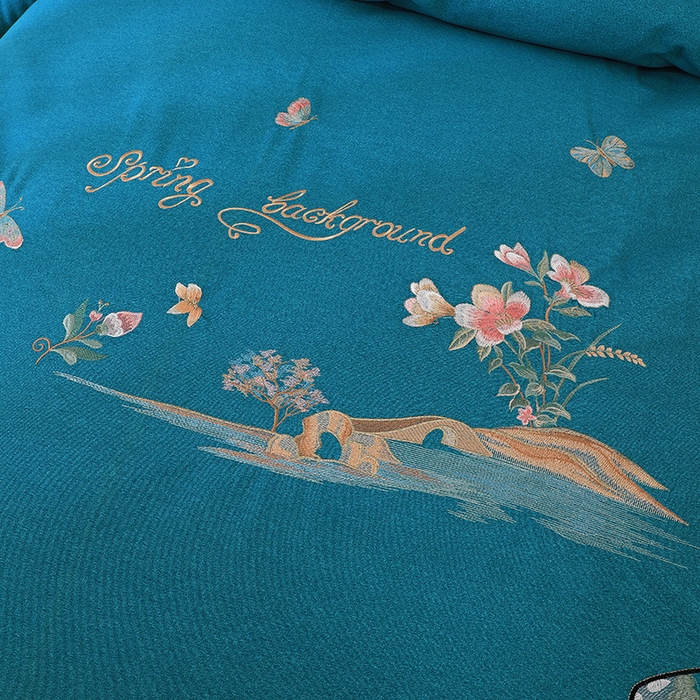 91家纺网 家纺一手货源 找家纺 浩情国际婚庆供货中心 2026新款秋冬60S高端全棉刺绣磨毛系列 翩翩蝶影-宝石蓝