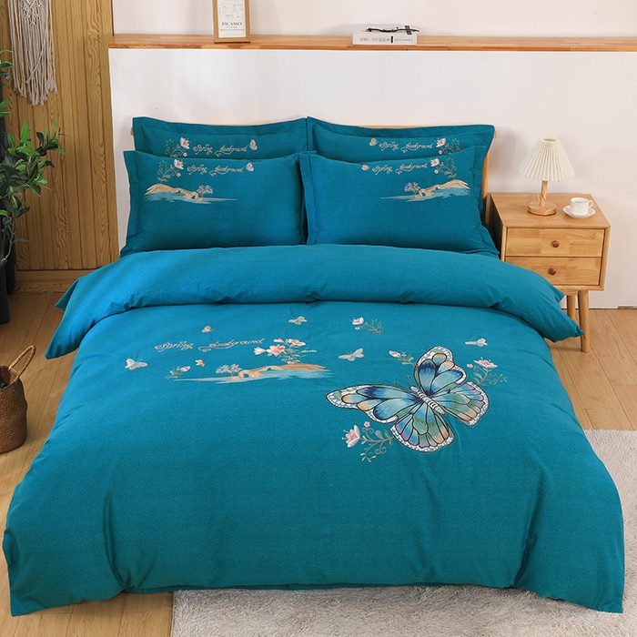 浩情国际婚庆供货中心 2026新款秋冬60S高端全棉刺绣磨毛系列 翩翩蝶影-宝石蓝