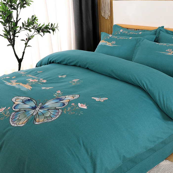 91家纺网 家纺一手货源 找家纺 浩情国际婚庆供货中心 2026新款秋冬60S高端全棉刺绣磨毛系列 翩翩蝶影-淡雅绿