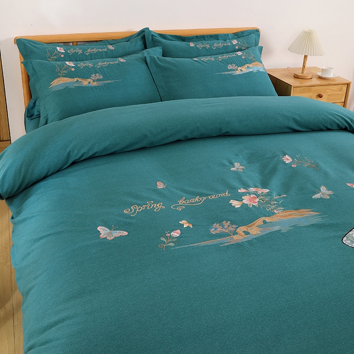 91家纺网 家纺一手货源 找家纺 浩情国际婚庆供货中心 2026新款秋冬60S高端全棉刺绣磨毛系列 翩翩蝶影-淡雅绿