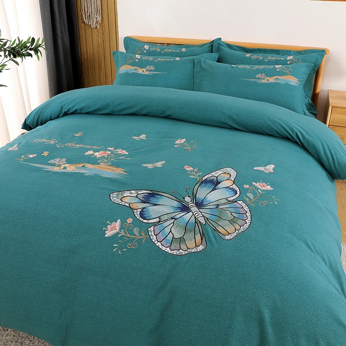 91家纺网 家纺一手货源 找家纺 浩情国际婚庆供货中心 2026新款秋冬60S高端全棉刺绣磨毛系列 翩翩蝶影-淡雅绿