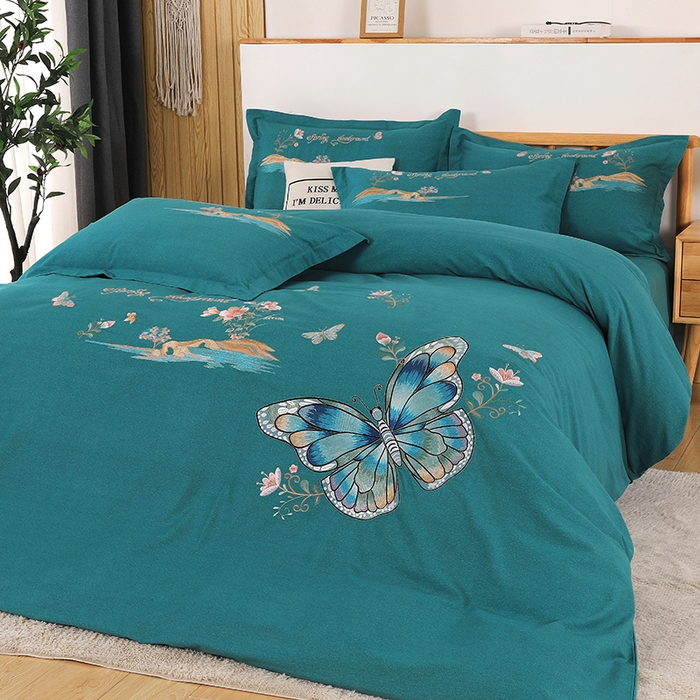 91家纺网 家纺一手货源 找家纺 浩情国际婚庆供货中心 2026新款秋冬60S高端全棉刺绣磨毛系列 翩翩蝶影-淡雅绿