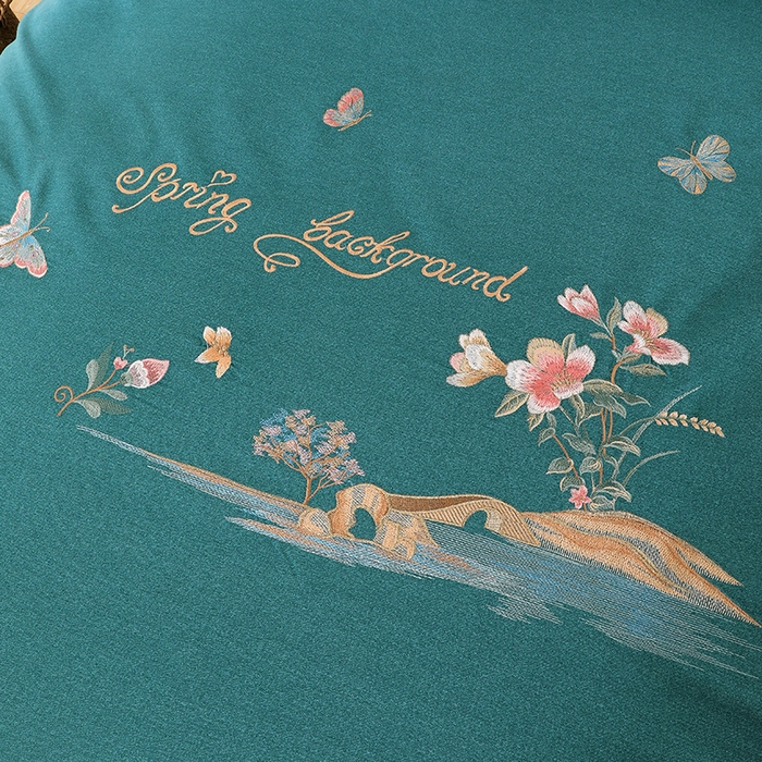 91家纺网 家纺一手货源 找家纺 浩情国际婚庆供货中心 2026新款秋冬60S高端全棉刺绣磨毛系列 翩翩蝶影-淡雅绿