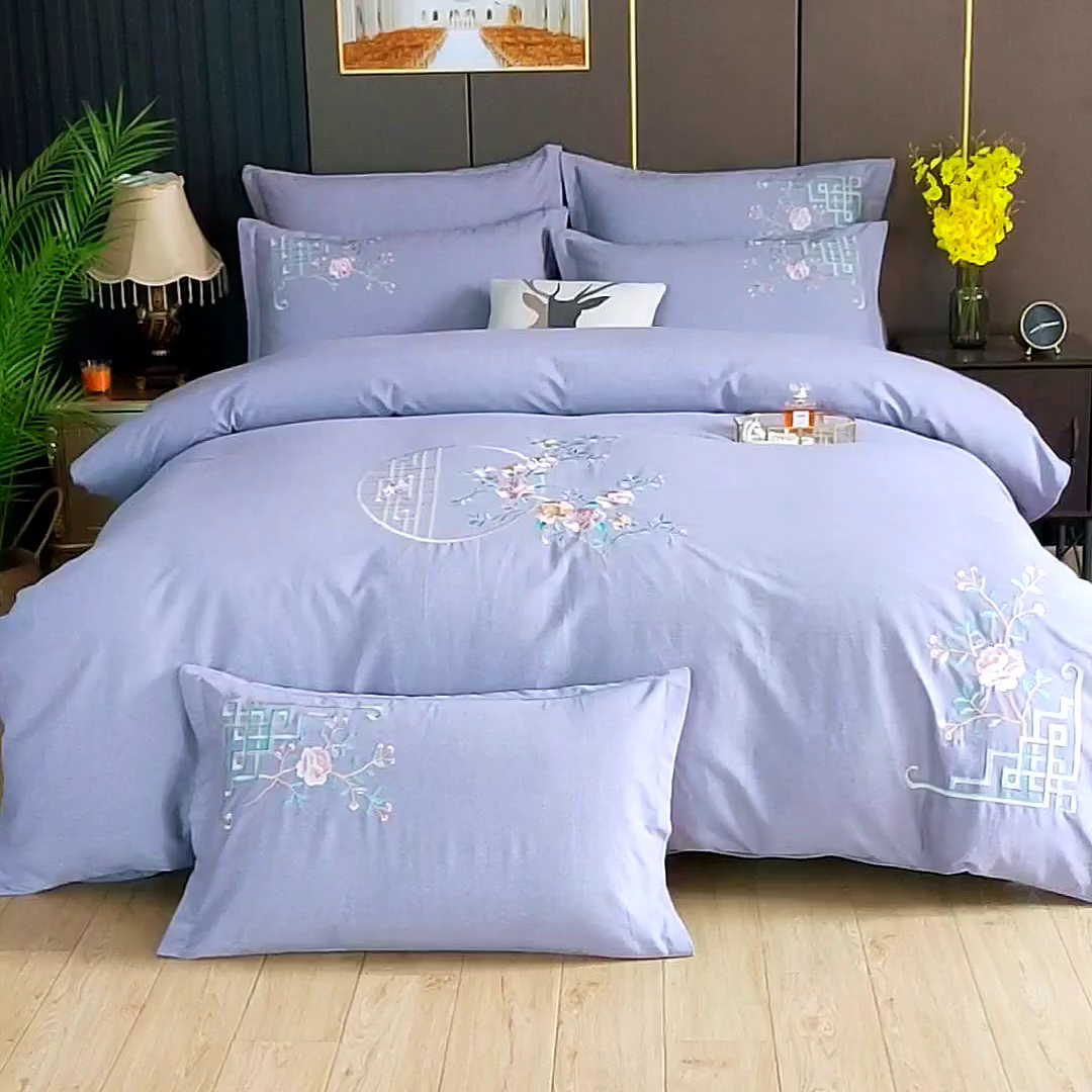 91家纺网 家纺一手货源 找家纺 浩情国际婚庆供货中心 2026新款秋冬60S高端全棉刺绣磨毛系列 花开满庭-银灰