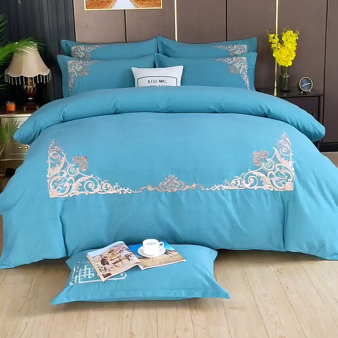 91家纺网 家纺一手货源 找家纺 浩情国际婚庆供货中心 2026新款秋冬60S高端全棉刺绣磨毛系列 北欧风情-蓝灰