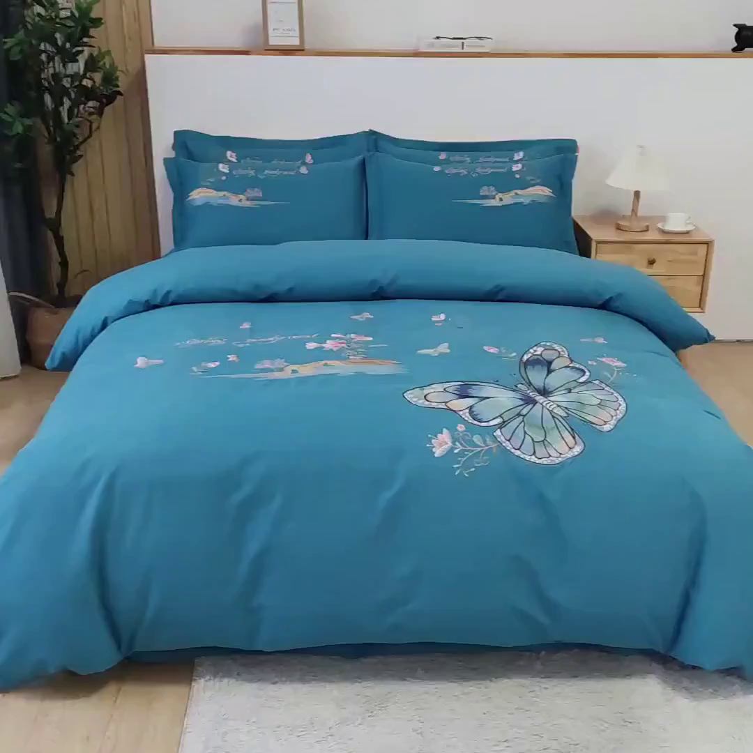 91家纺网 家纺一手货源 找家纺 浩情国际婚庆供货中心 2026新款秋冬60S高端全棉刺绣磨毛系列 翩翩蝶影-宝石蓝