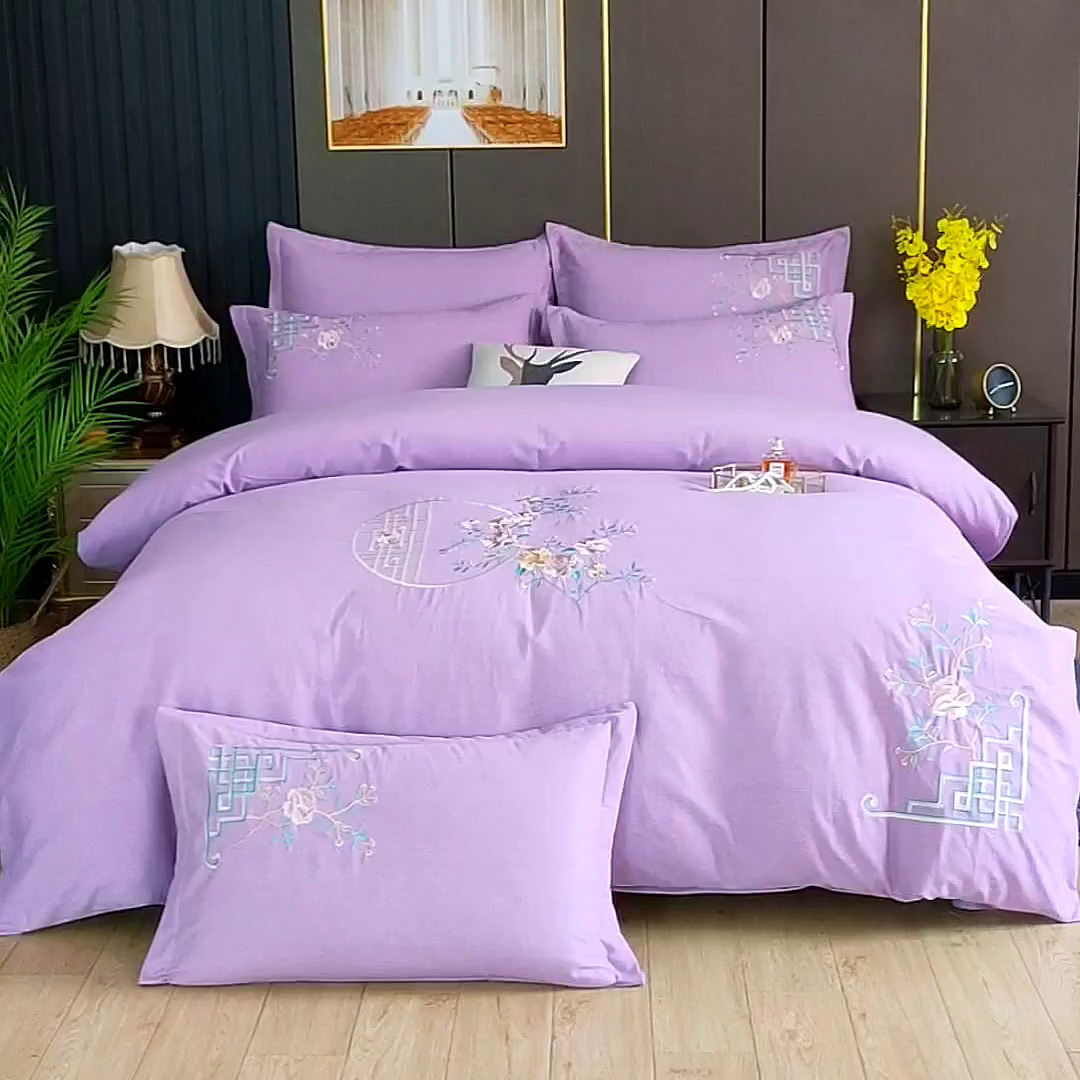 91家纺网 家纺一手货源 找家纺 浩情国际婚庆供货中心 2026新款秋冬60S高端全棉刺绣磨毛系列 花开满庭-紫豆沙