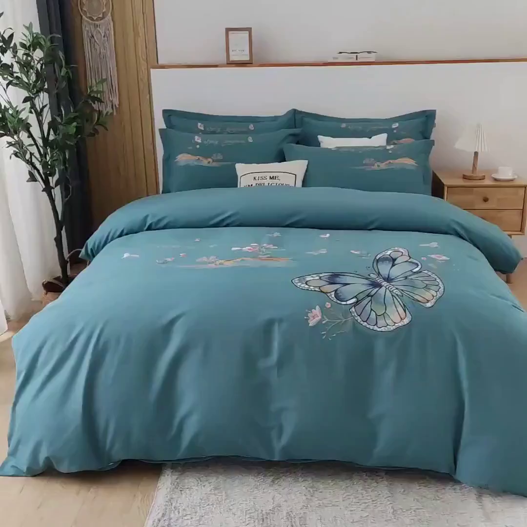 91家纺网 家纺一手货源 找家纺 浩情国际婚庆供货中心 2026新款秋冬60S高端全棉刺绣磨毛系列 翩翩蝶影-淡雅绿