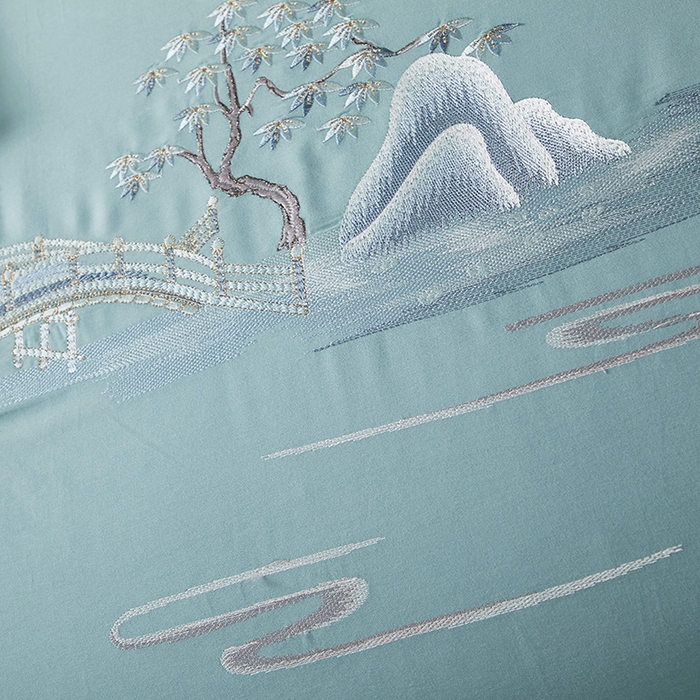 91家纺网 家纺一手货源 找家纺 浩情国际婚庆供货中心 2026新品- 秋冬高支密全棉长绒棉磨毛高端刺绣系列四件套 山水情-水兰