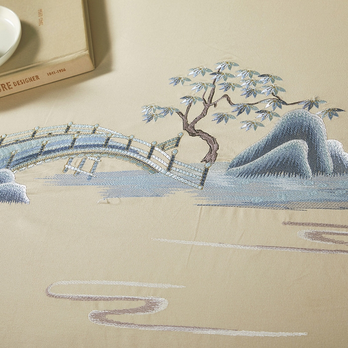 91家纺网 家纺一手货源 找家纺 浩情国际婚庆供货中心 2026新品- 秋冬高支密全棉长绒棉磨毛高端刺绣系列四件套 山水情-米驼