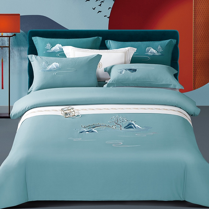 91家纺网 家纺一手货源 找家纺 浩情国际婚庆供货中心 2026新品- 秋冬高支密全棉长绒棉磨毛高端刺绣系列四件套 山水情-水兰