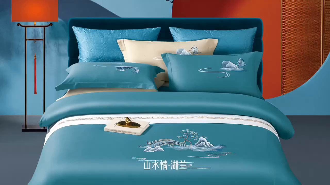 91家纺网 家纺一手货源 找家纺 浩情国际婚庆供货中心 2026新品- 秋冬高支密全棉长绒棉磨毛高端刺绣系列四件套 山水情-湖兰
