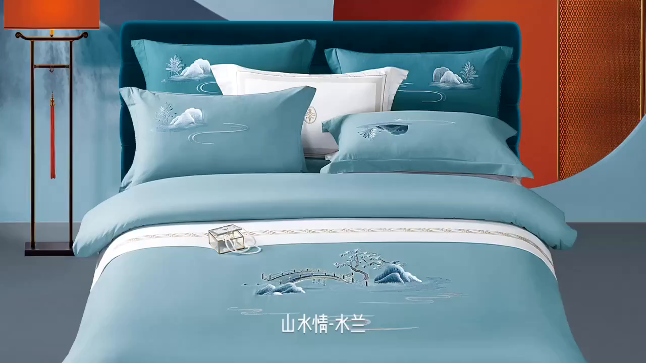 91家纺网 家纺一手货源 找家纺 浩情国际婚庆供货中心 2026新品- 秋冬高支密全棉长绒棉磨毛高端刺绣系列四件套 山水情-水兰
