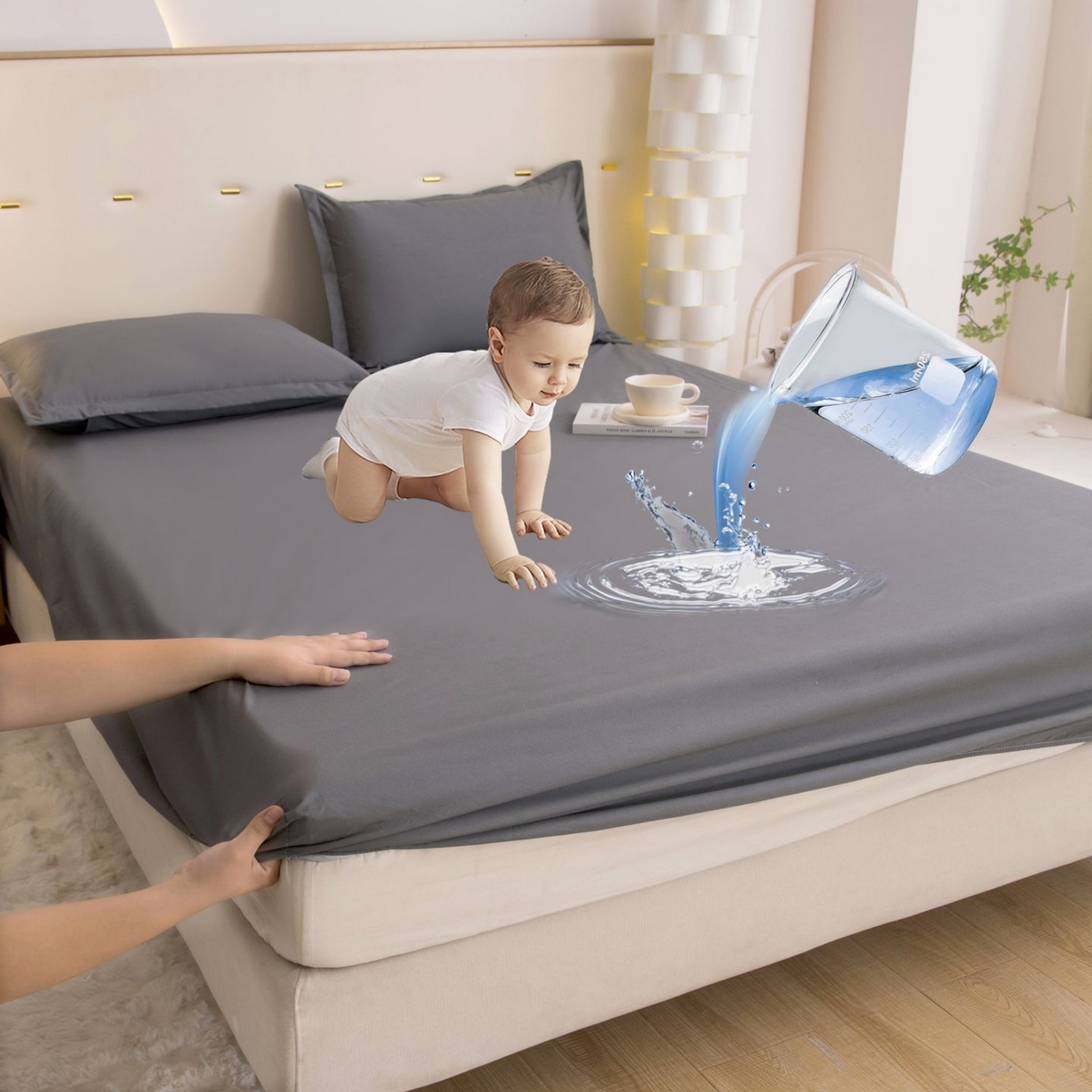 茗婷家纺 2026新款供跨境外贸纯色印花防水床笠 深灰