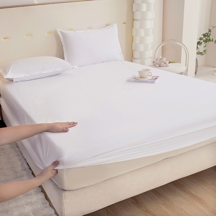 91家纺网 家纺一手货源 找家纺 茗婷家纺 2025新款供跨境外贸纯色印花防水床笠 纯白