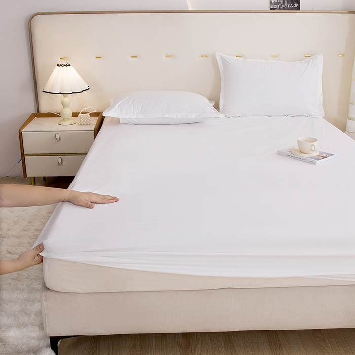 91家纺网 家纺一手货源 找家纺 茗婷家纺 2025新款供跨境外贸纯色印花防水床笠 纯白