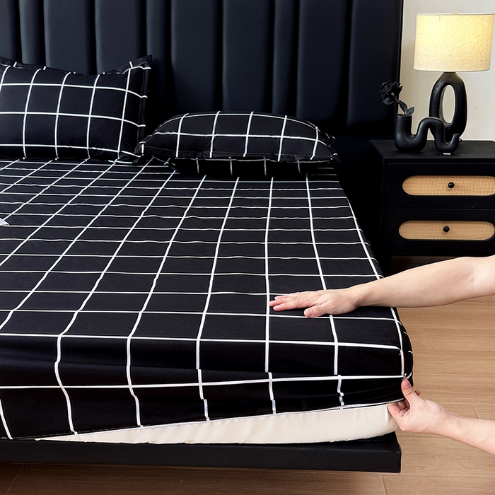 91家纺网 家纺一手货源 找家纺 茗婷家纺 2025新款供跨境外贸纯色印花防水床笠 黑白格