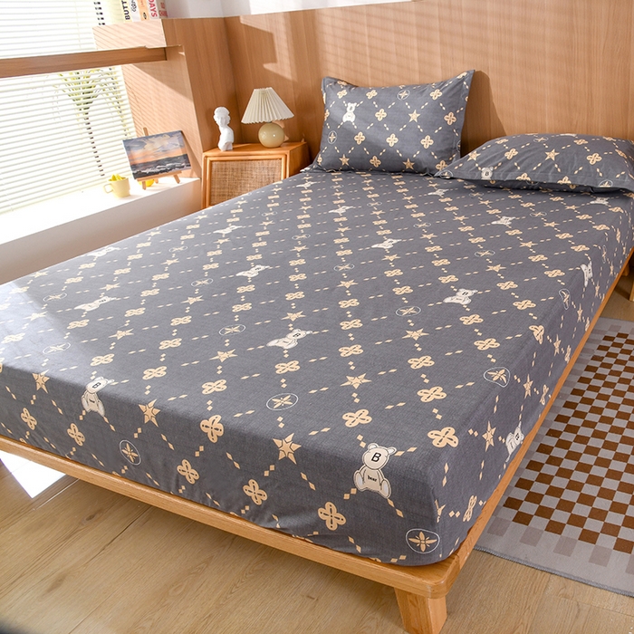 91家纺网 家纺一手货源 找家纺 茗婷家纺 2025新款供跨境外贸纯色印花防水床笠 灰小熊