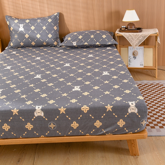 91家纺网 家纺一手货源 找家纺 茗婷家纺 2025新款供跨境外贸纯色印花防水床笠 灰小熊