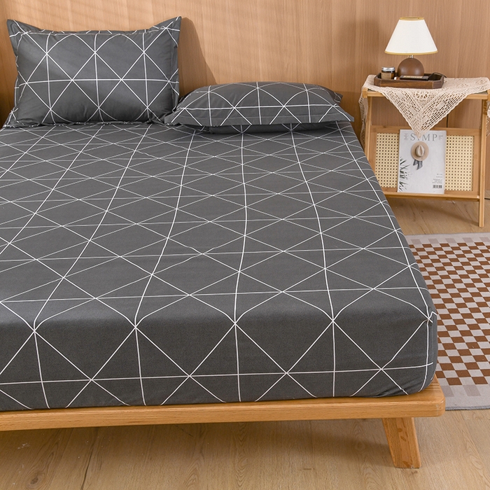 91家纺网 家纺一手货源 找家纺 茗婷家纺 2025新款供跨境外贸纯色印花防水床笠 几何三角