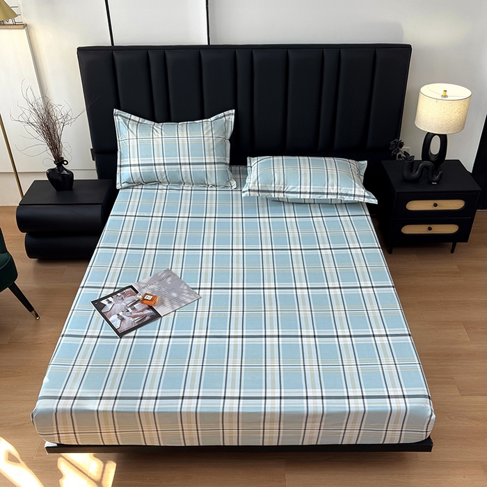 91家纺网 家纺一手货源 找家纺 茗婷家纺 2025新款供跨境外贸纯色印花防水床笠 霁青色