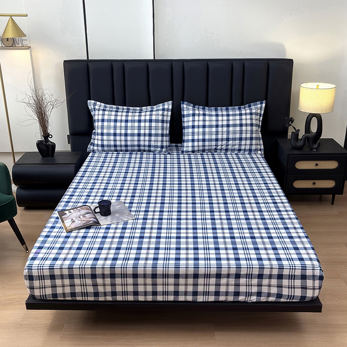 91家纺网 家纺一手货源 找家纺 茗婷家纺 2025新款供跨境外贸纯色印花防水床笠 经典蓝白格