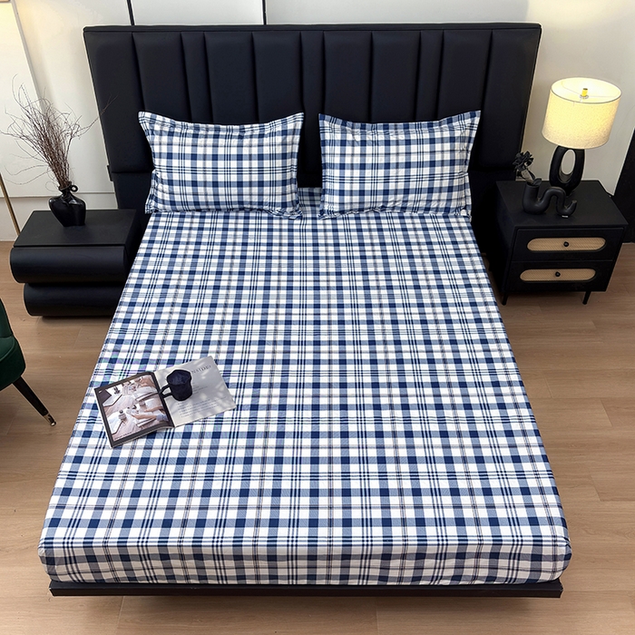 91家纺网 家纺一手货源 找家纺 茗婷家纺 2025新款供跨境外贸纯色印花防水床笠 经典蓝白格