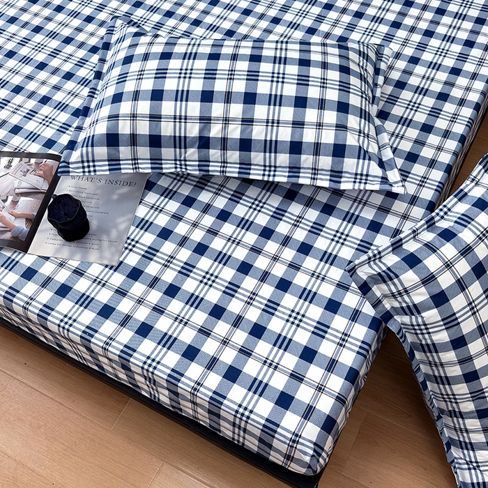 91家纺网 家纺一手货源 找家纺 茗婷家纺 2025新款供跨境外贸纯色印花防水床笠 经典蓝白格