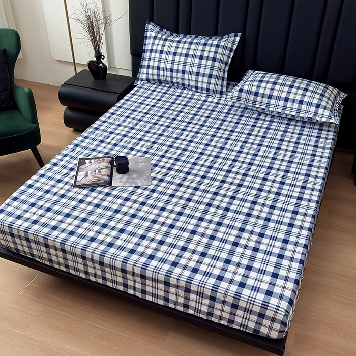 91家纺网 家纺一手货源 找家纺 茗婷家纺 2025新款供跨境外贸纯色印花防水床笠 经典蓝白格