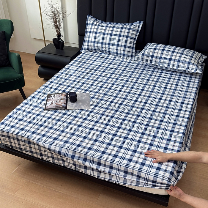 91家纺网 家纺一手货源 找家纺 茗婷家纺 2025新款供跨境外贸纯色印花防水床笠 经典蓝白格