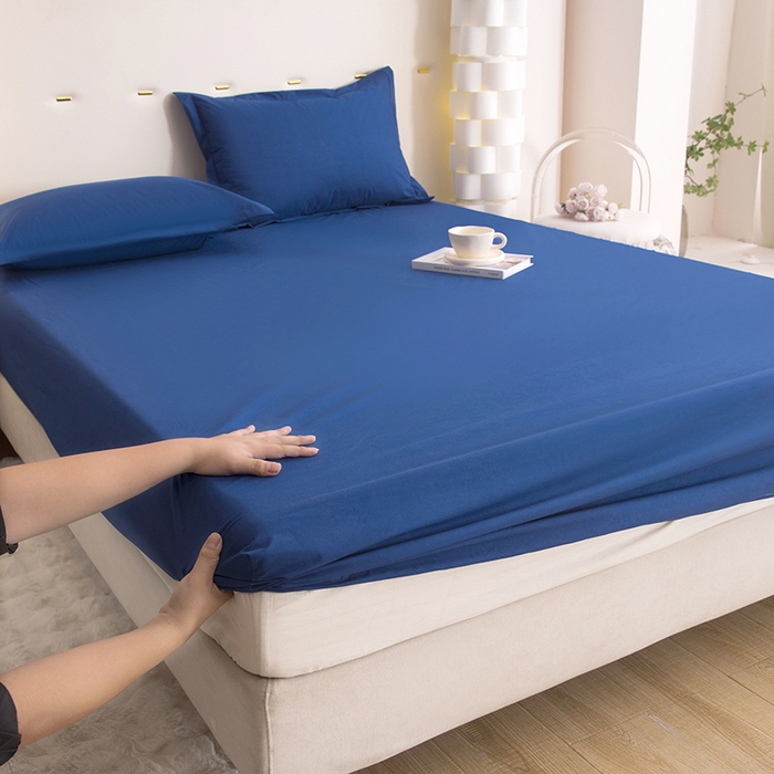 91家纺网 家纺一手货源 找家纺 茗婷家纺 2025新款供跨境外贸纯色印花防水床笠 深蓝