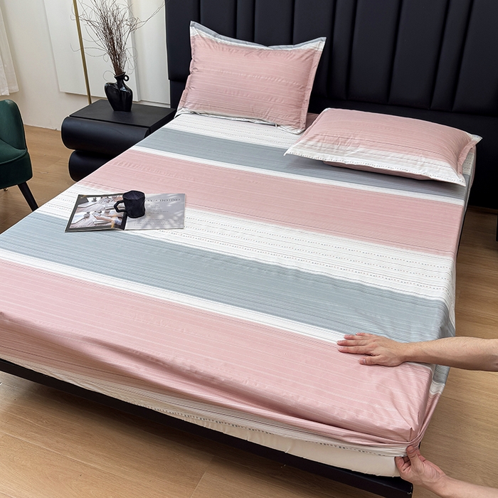 91家纺网 家纺一手货源 找家纺 茗婷家纺 2025新款供跨境外贸纯色印花防水床笠 条纹