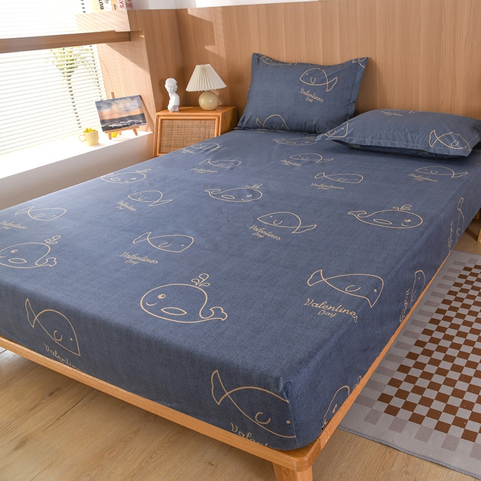 91家纺网 家纺一手货源 找家纺 茗婷家纺 2025新款供跨境外贸纯色印花防水床笠 小鲸鱼