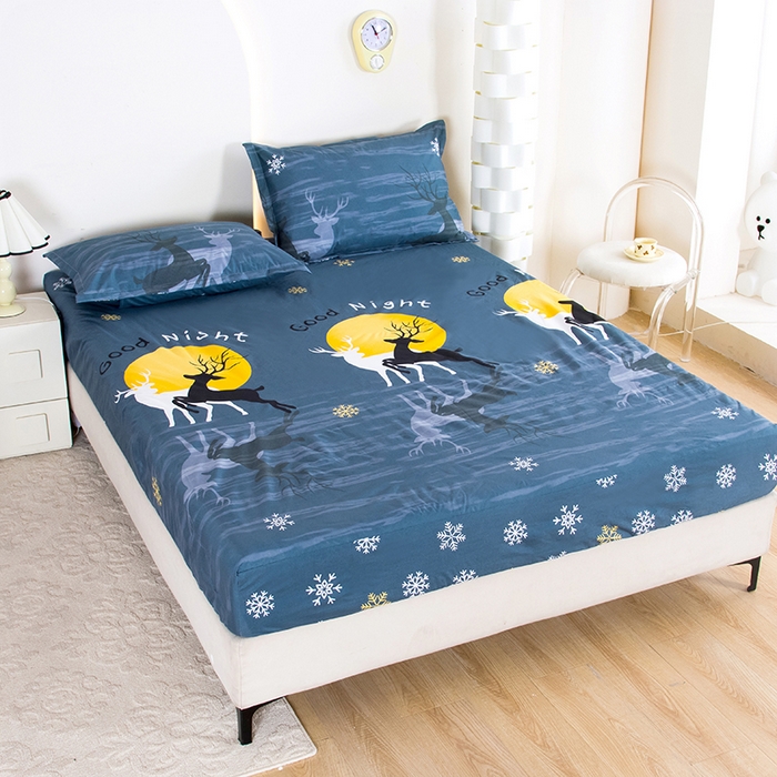 91家纺网 家纺一手货源 找家纺 茗婷家纺 2025新款供跨境外贸纯色印花防水床笠 月影麋鹿