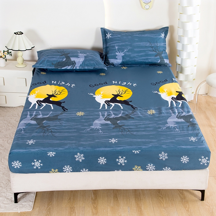 91家纺网 家纺一手货源 找家纺 茗婷家纺 2025新款供跨境外贸纯色印花防水床笠 月影麋鹿