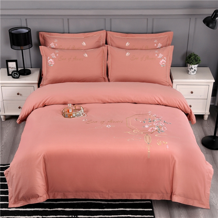 浩情国际婚庆供货中心 2026新款新中式风100支全棉高端刺绣四件套 江南人家-粉豆沙