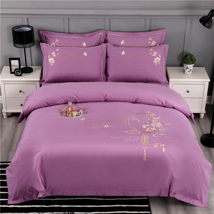 浩情国际婚庆供货中心 2026新款新中式风100支全棉高端刺绣四件套 江南人家-贵族紫