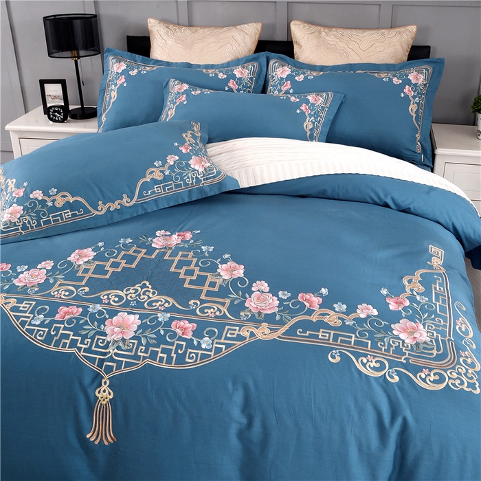 91家纺网 家纺一手货源 找家纺 浩情国际婚庆供货中心 2026新款新中式风100支全棉高端刺绣四件套 花间细雨-宾利兰