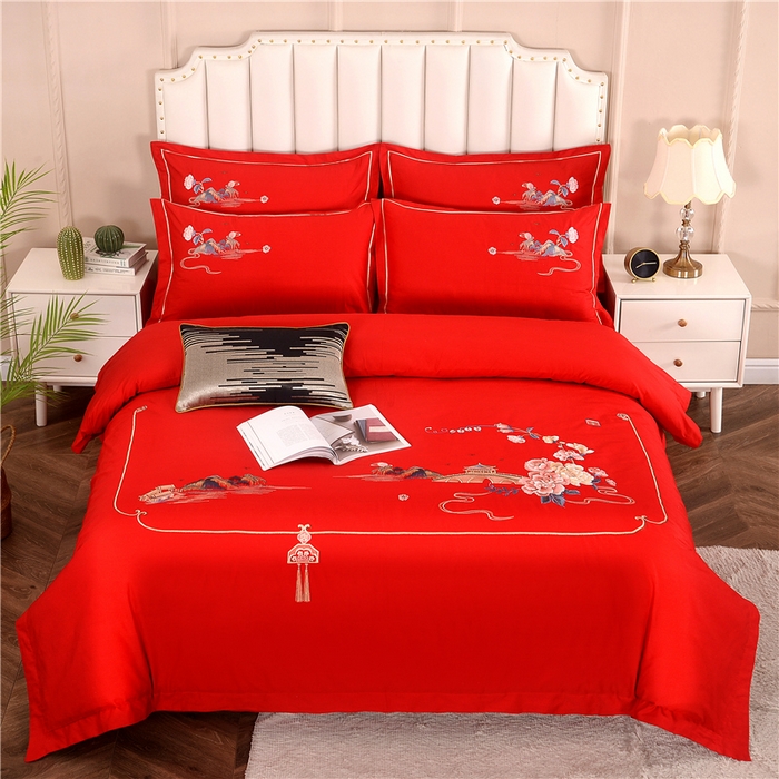 浩情国际婚庆供货中心 2026新款新中式风100支全棉高端刺绣四件套 香山密影-富贵红