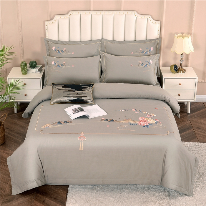 浩情国际婚庆供货中心 2026新款新中式风100支全棉高端刺绣四件套 香山密影-优雅灰