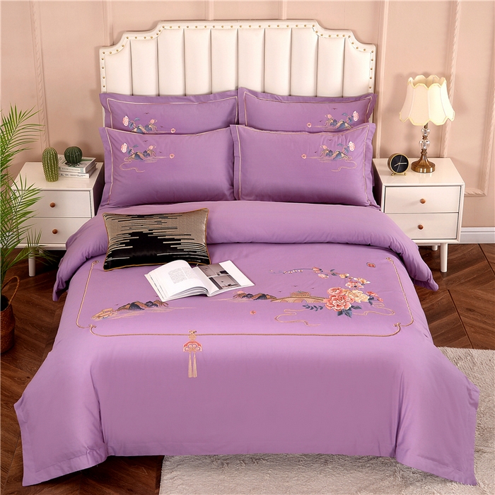 浩情国际婚庆供货中心 2026新款新中式风100支全棉高端刺绣四件套 香山密影-贵族紫